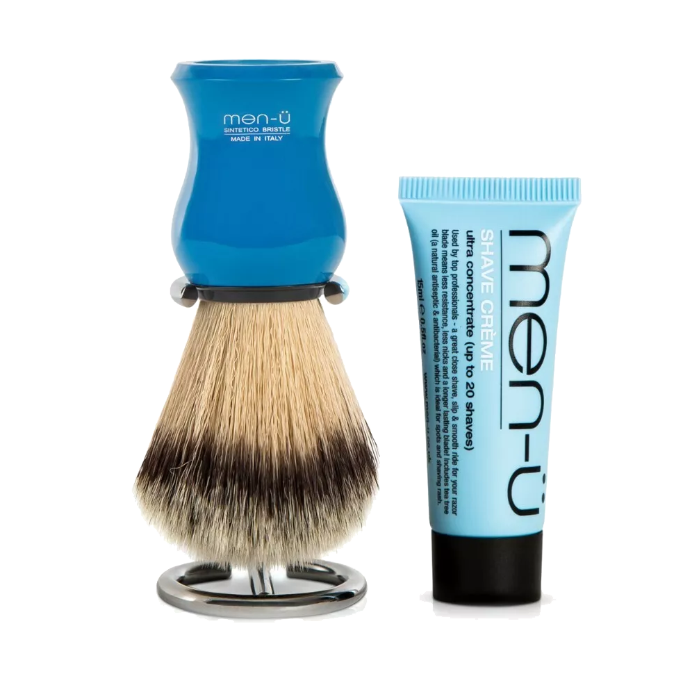 men-u Premier Synthetic Shaving Brush with Metal Stand + FREE Shave Crème BLUE
