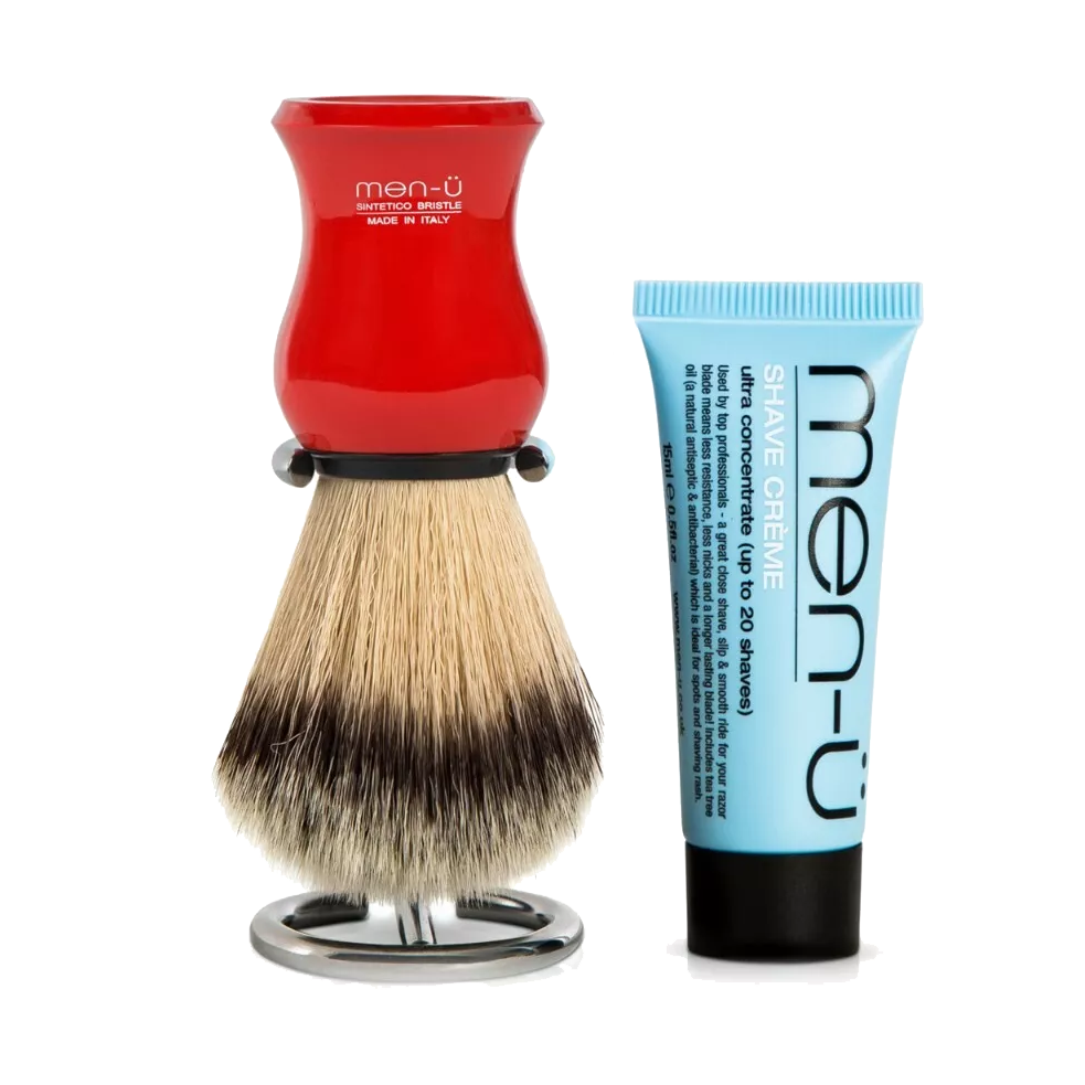 men-u Premier Synthetic Shaving Brush with Metal Stand + FREE Shave Crème RED
