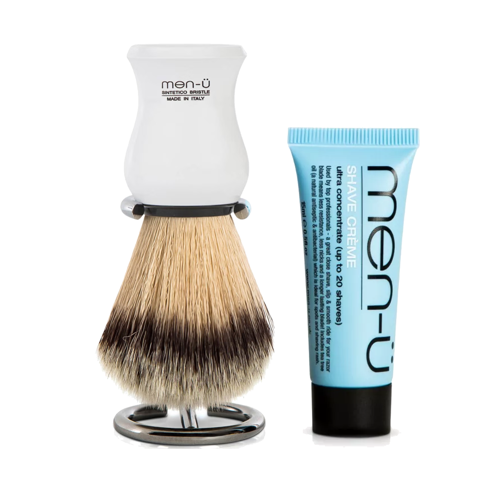 men-u Premier Synthetic Shaving Brush with Metal Stand + FREE Shave Crème WHITE